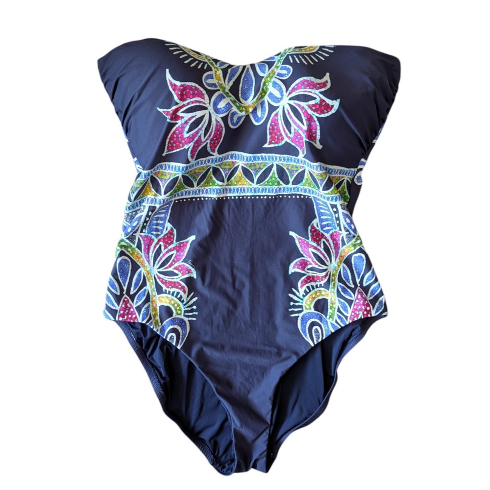 Trina Turk Navy Blue Lotus Batik Bandeau One Piece Swimsuit Size 14 Open Back - Picture 2 of 7